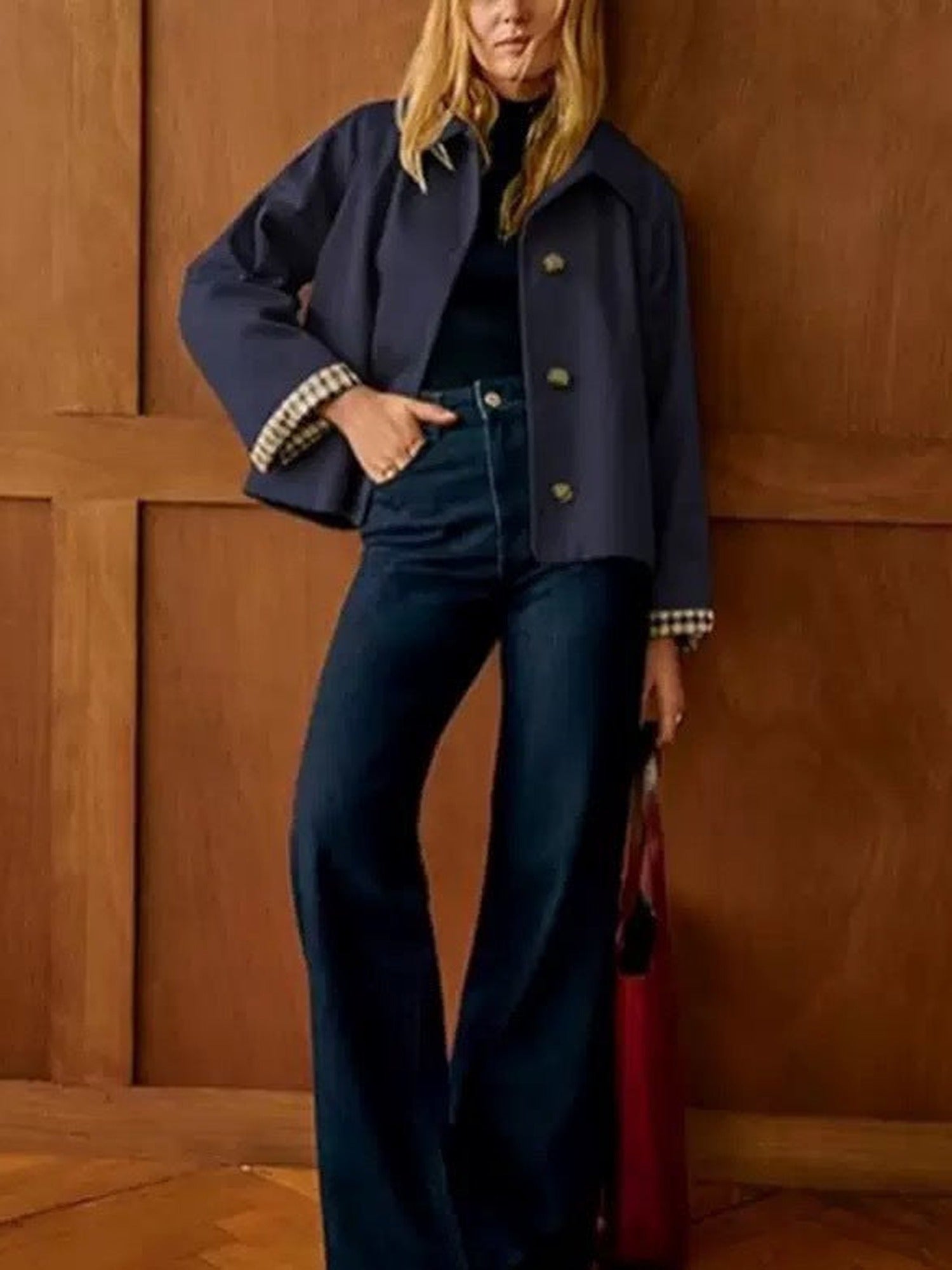 100% Polyester Cropped Swing Jacket – Women – Navy – worn